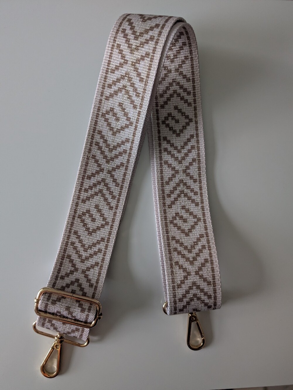 Adjustable Cream, Beige, & Gold Geometric Bag Fabric Strap with Gold Hardware